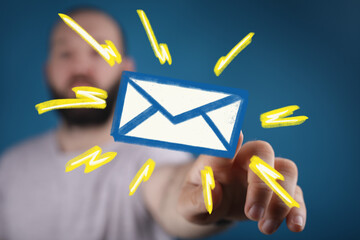 Image of a man interacting with a digital email icon, representing online communication and messaging.