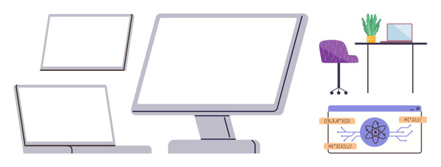 Desktop monitor, laptop, tablet, desk with chair, plant, and programming interface. Ideal for technology, productivity, workplace design coding innovation and simple flat metaphor