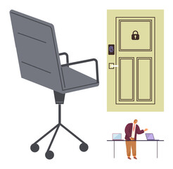 Wall Mural - office chair on wheels, door with keycard lock, and person giving a presentation using laptops. idea