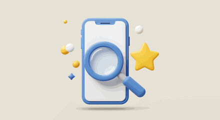 Smartphone search, magnifying glass, star, 3D render, app review, online rating.