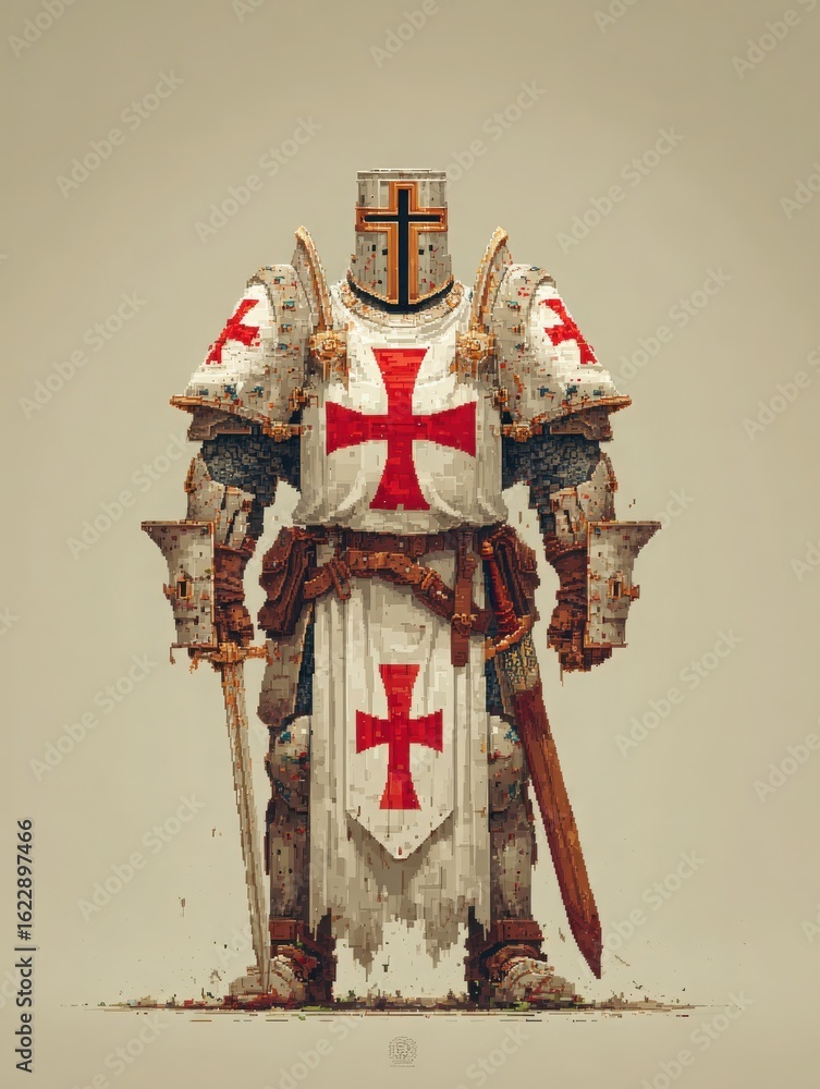 This striking artwork features a knight clad in intricate armor adorned with bold red crosses.