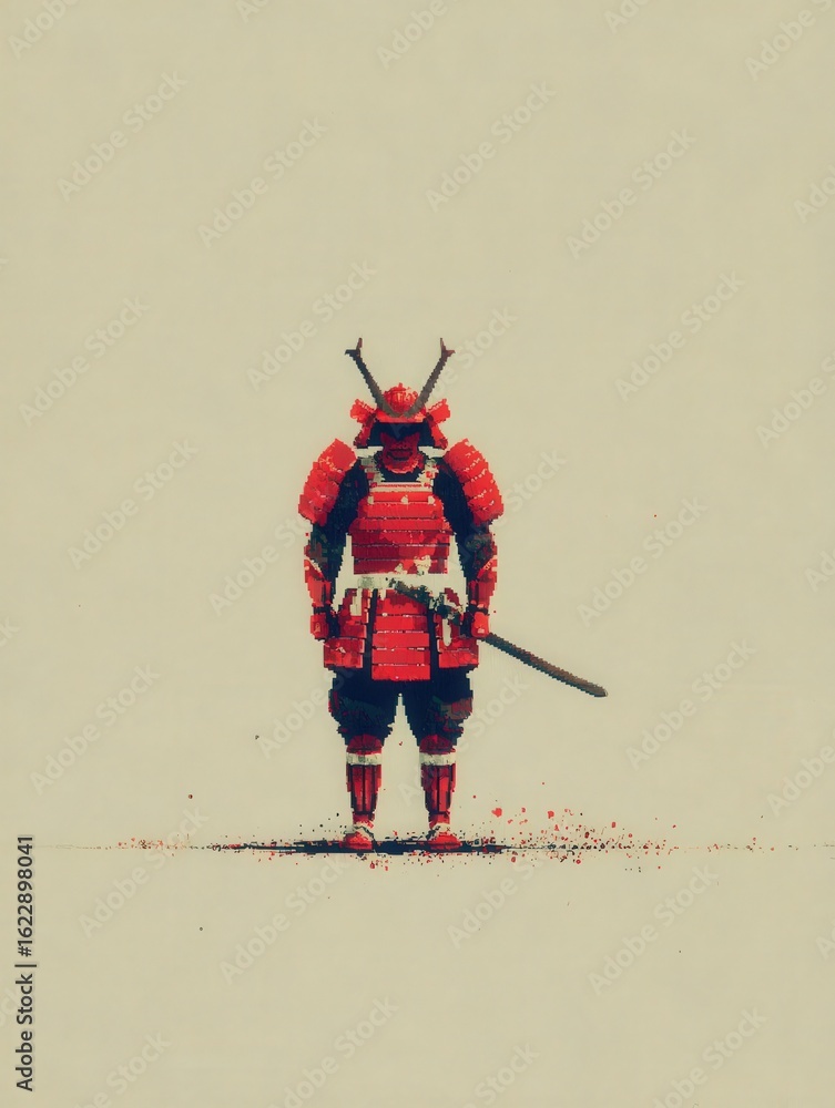 A formidable warrior dressed in striking red armor holds a katana, standing confidently in a minimalist environment.