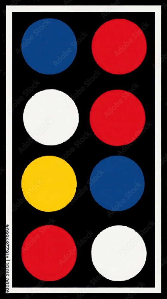 This visual presents a unique arrangement of colored circles including red, yellow, blue, and white on a dark background. The pattern resembles a creative interpretation of traffic light signals.