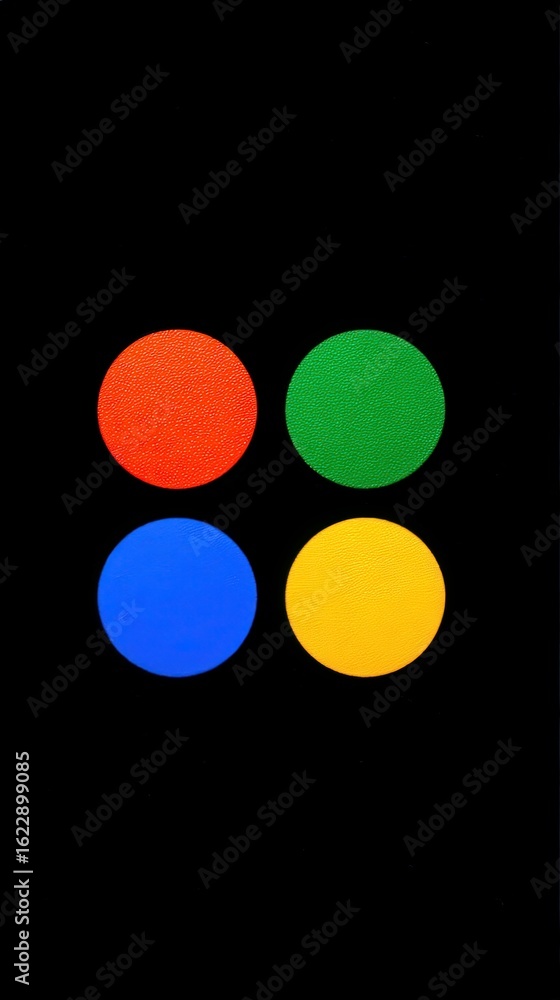 Four vibrant circles in red, green, blue, and yellow are positioned in a two-by-two grid against a solid black background. The composition highlights the vivid colors and geometric simplicity.