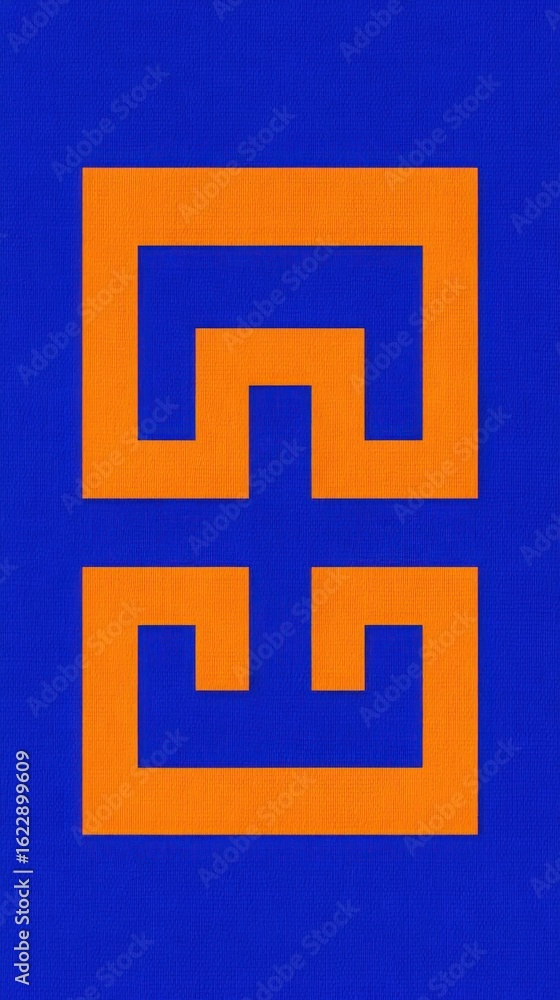 A vibrant geometric composition showcases interlocking orange shapes on a rich blue background. The contrasting colors create a striking visual effect that draws the eye.