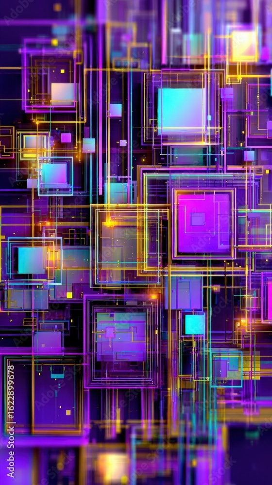 Vibrant geometric shapes in shades of purple, blue, and gold form an intricate abstract design. The composition features overlapping squares and lines, evoking a modern digital aesthetic.