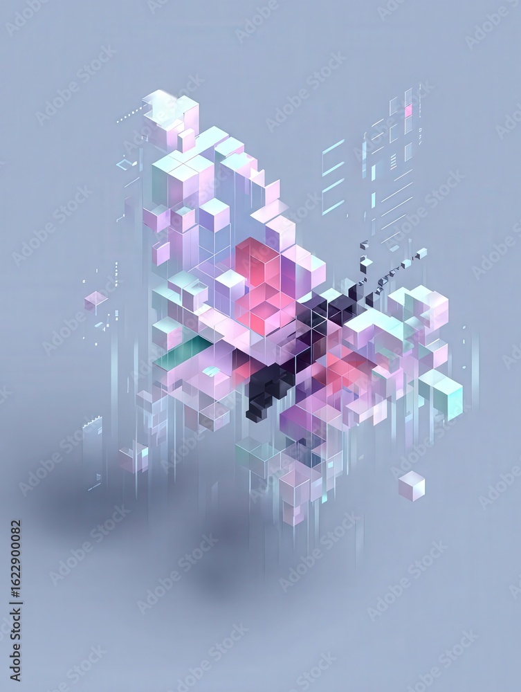 A colorful butterfly composed of 3D cubes floats against a soft gray background.