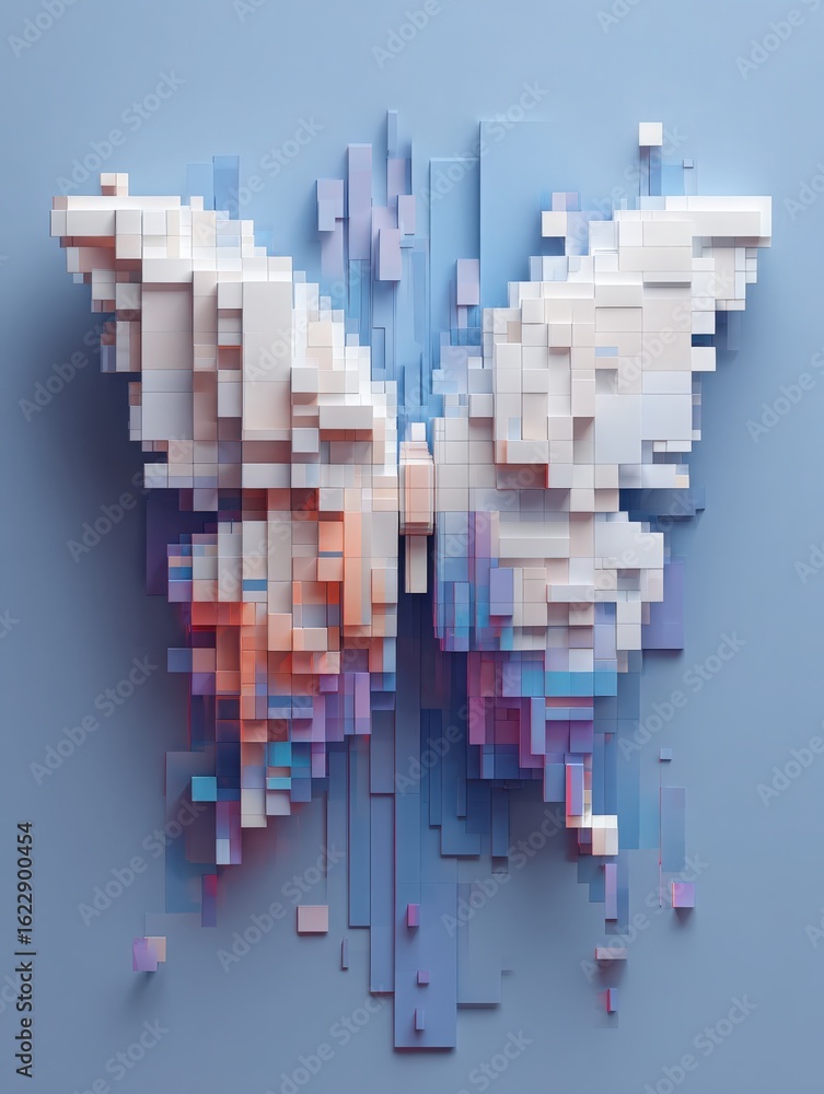 A three-dimensional butterfly is formed by numerous cubic shapes in varying colors.