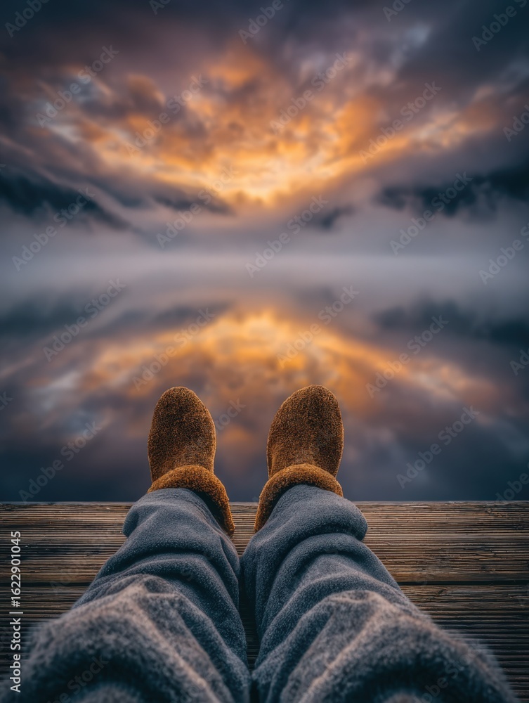 A person sits comfortably at the edge of a wooden dock, wearing cozy slippers and gray pants while gazing at a tranquil lake.