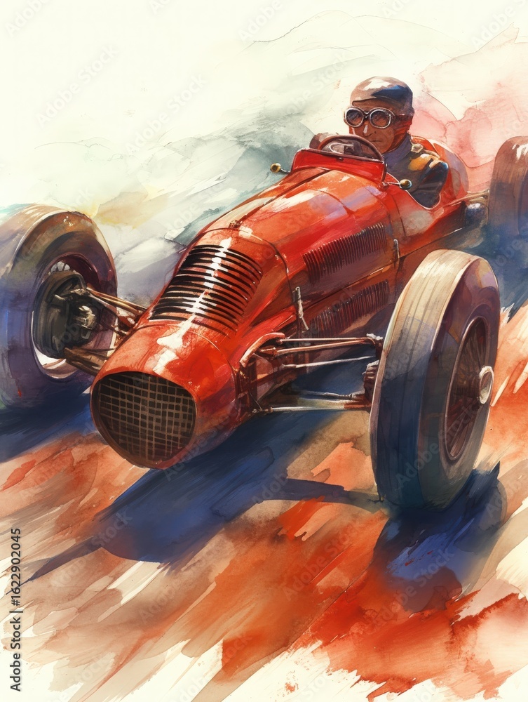 A classic red racing car zooms through a colorful backdrop, capturing the thrill of competition. The driver, wearing goggles, showcases the spirit of 1930s motorsport and speed.