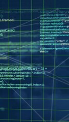 Wall Mural - animation of connected dots and computer language with grid pattern over abstract background