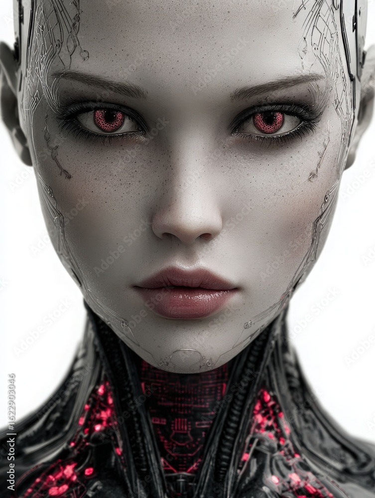 A human-like android stands with an expressionless face, featuring intricate cybernetic details and glowing red eyes, showcasing advanced technology and artificial intelligence in a modern setting.