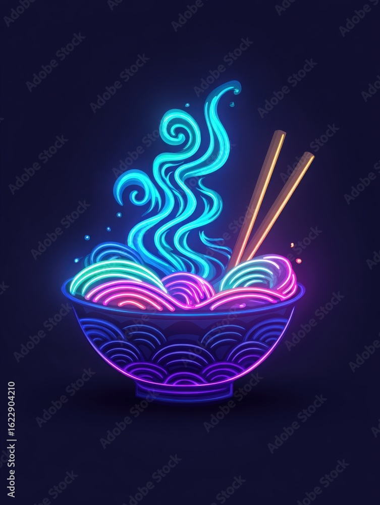 A vibrant bowl filled with swirling noodles emits colorful steam, illuminated in neon hues. Wooden chopsticks rest beside the bowl, enhancing the artistic presentation in a dark backdrop.