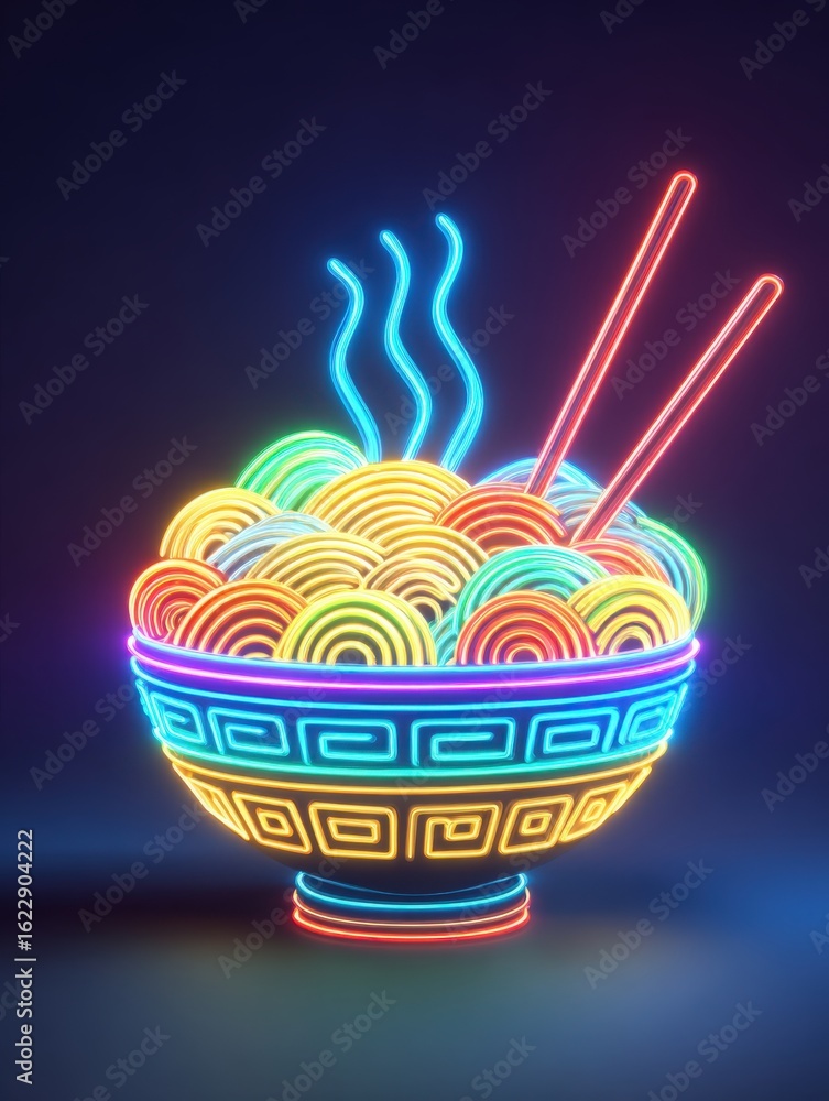 A glowing bowl of noodles is presented with vibrant colors and neon light effects. The steam rises above the bowl, while chopsticks rest elegantly on the edge.