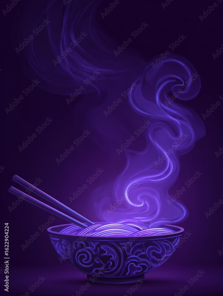 A bowl of noodles sits in the foreground, exuding delicate steam that swirls elegantly in the air.