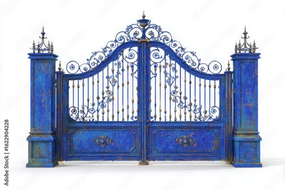 A pair of striking blue wrought iron gates stands tall, featuring elaborate patterns and gold accents. The decorative pillars add elegance, displaying a vintage style.