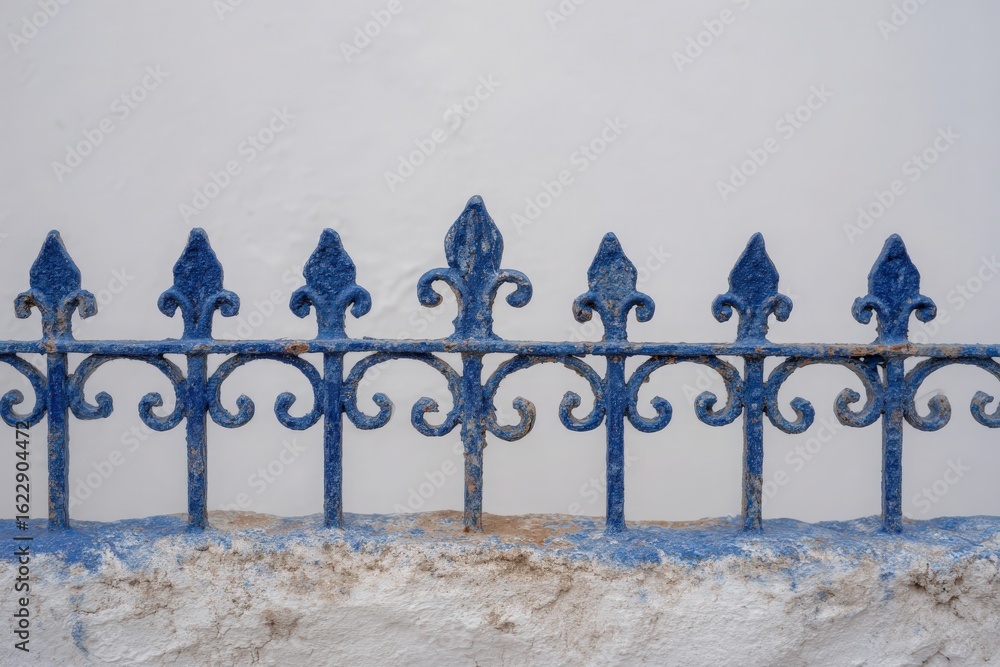 A blue iron fence with intricate patterns stands atop a weathered stone base, contrasting against a smooth white wall.
