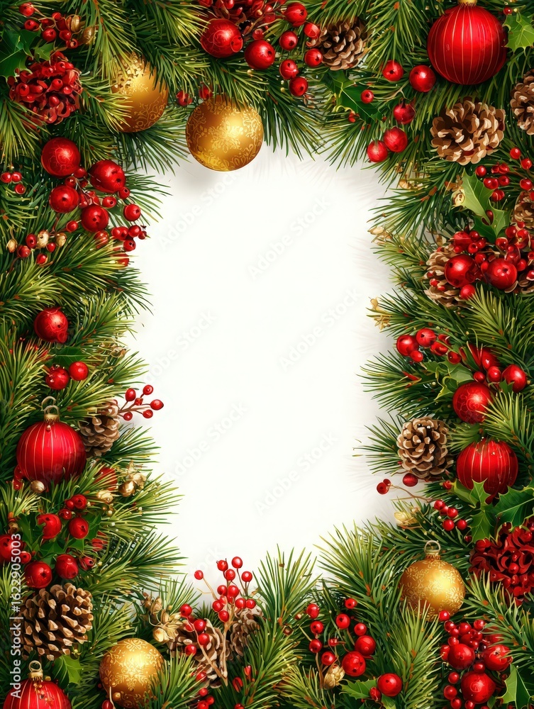 A beautifully arranged Christmas wreath features vibrant red berries, shiny gold and red ornaments, and pine cones, creating a festive and festive atmosphere perfect for holiday celebrations.