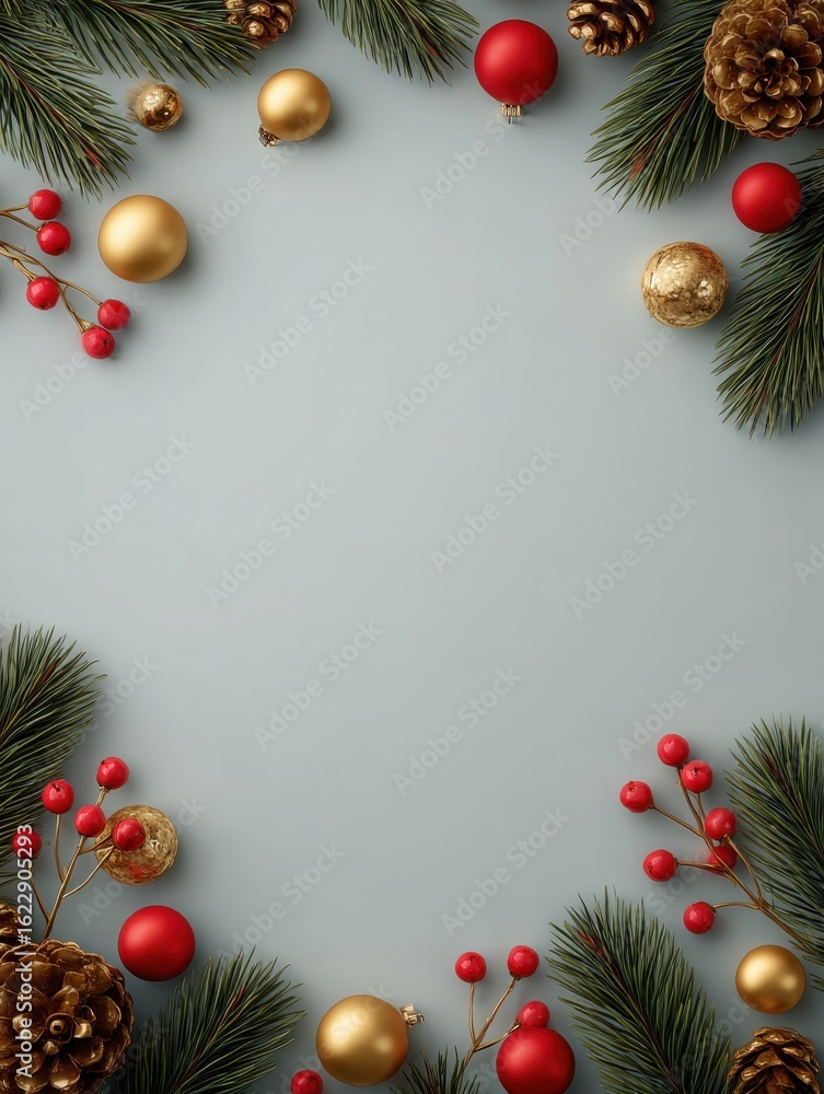 Bright red and gold ornaments, pine branches, and golden pine cones create a festive border around a light gray background, evoking a cheerful holiday spirit during the winter season.