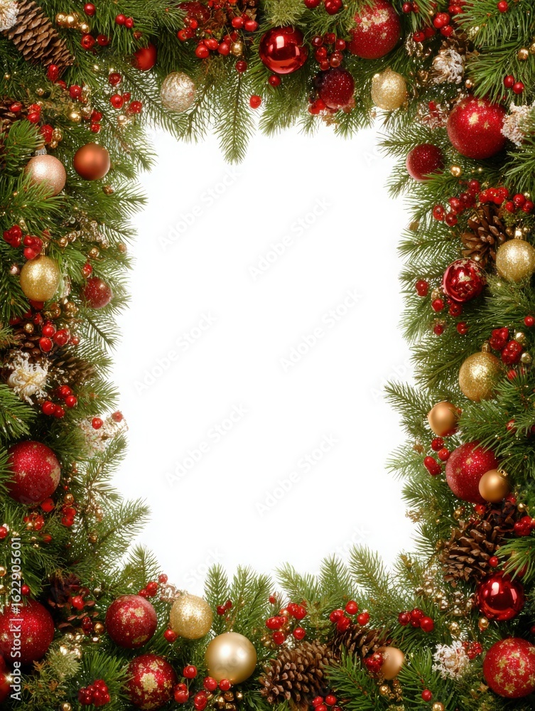 A decorative Christmas frame features vibrant red and gold ornaments, lush pine branches, and cone accents. Perfect for holiday cards or festive greetings during the winter season.