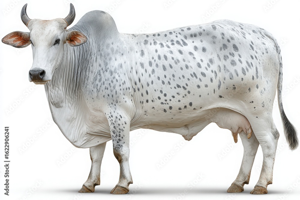 A large spotted cow with a sturdy build stands calmly in a green pasture. The sun illuminates its distinctive pattern, showcasing shades of white and gray. The backdrop is a serene rural landscape.