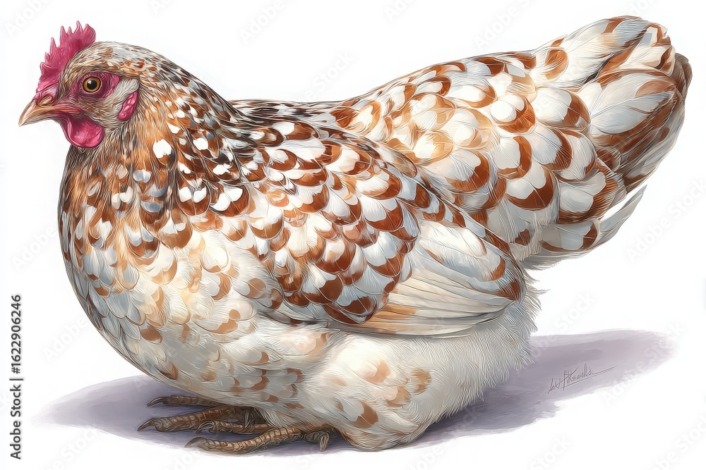 This hen exhibits a striking array of brown and white feathers, showcasing intricate patterns. Its posture and vibrant comb add to its charm while basking in the sunlight, surrounded by greenery.