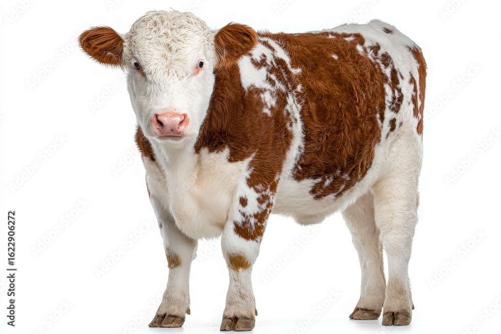 A young brown and white calf poses upright, showcasing its fluffy coat and curious expression. The animal stands on a plain background, highlighting its features and innocence.