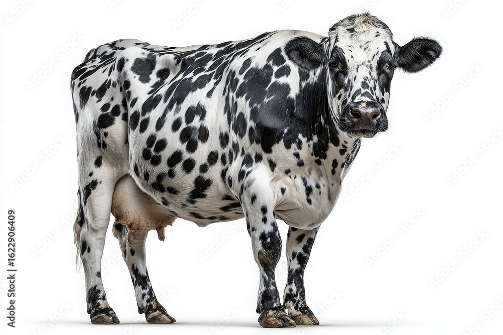 A black and white spotted cow stands in a neutral environment, showcasing its distinctive markings. The animal appears healthy and alert, embodying the essence of farm life and agricultural beauty.