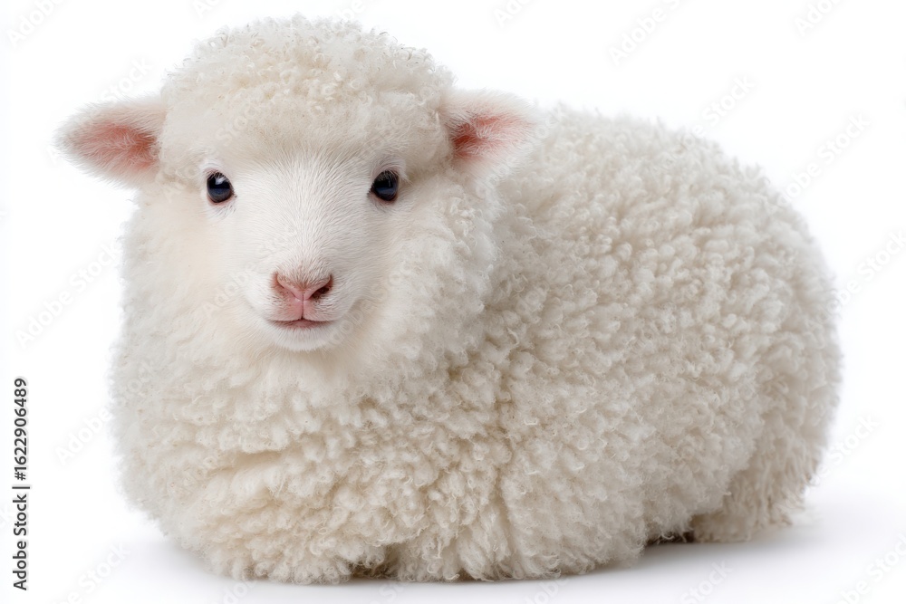 A young lamb with soft white fur sits peacefully, showcasing its round shape and gentle features. Its calm demeanor adds to the tranquil atmosphere in a warm, inviting setting.