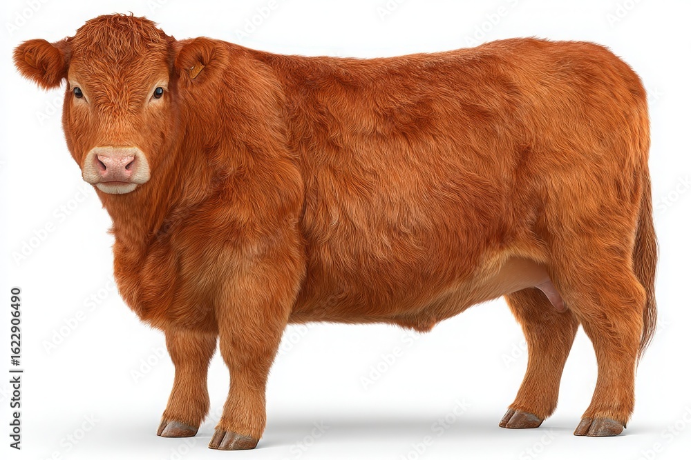 A small, fluffy orange cow stands on a white background, showcasing its bright fur and endearing features. The cow looks directly at the viewer with a curious expression.