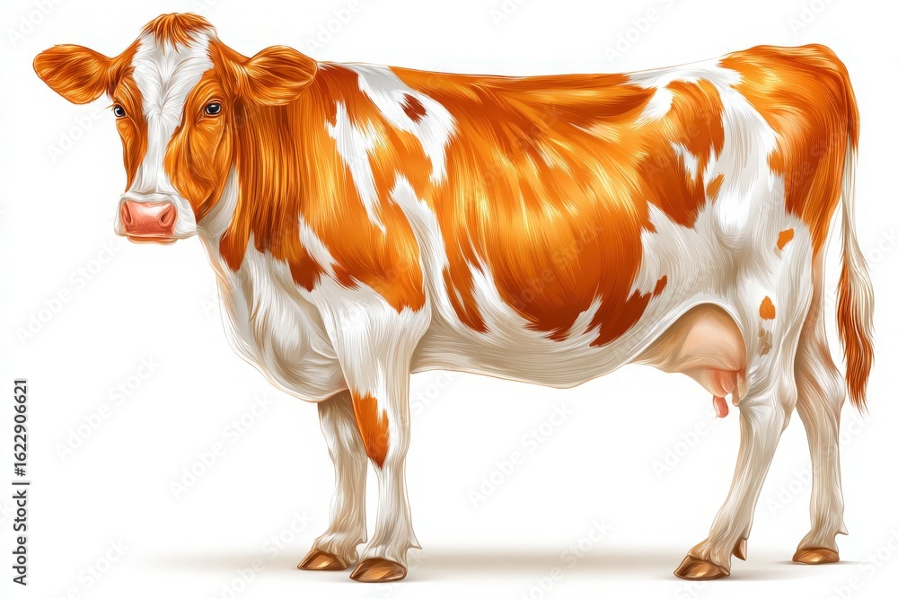 A dairy cow with distinctive brown and white markings stands elegantly. The cow has bright eyes and a calm demeanor. The background is simple, enhancing the cows features.