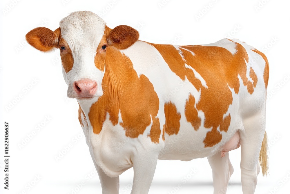 A brown and white cow stands still, showcasing its distinct coat pattern. The animal gazes directly at the viewer, conveying a sense of calmness and curiosity.