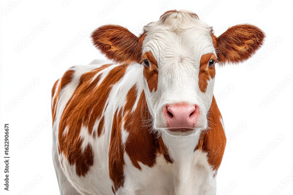 A brown and white cow stands facing forward, displaying its gentle features and curious expression. The clean, white background highlights the cows distinctive markings and demeanor.