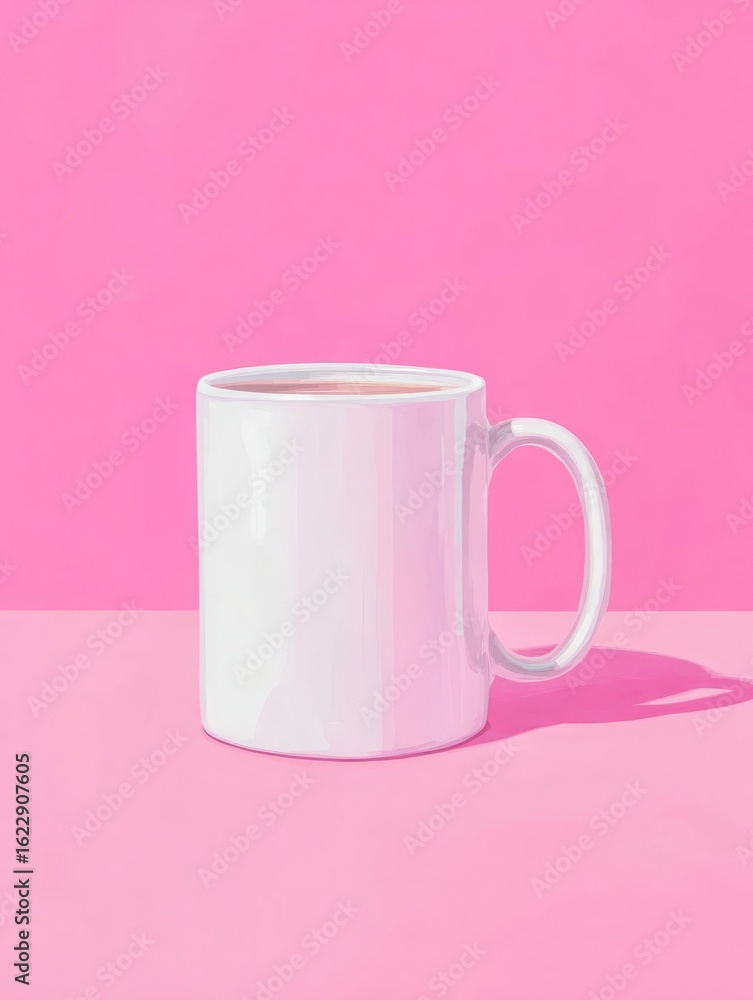 A simple white mug sits prominently against a bold pink backdrop. The smooth finish of the mug reflects light, creating an inviting spot for coffee or tea lovers.
