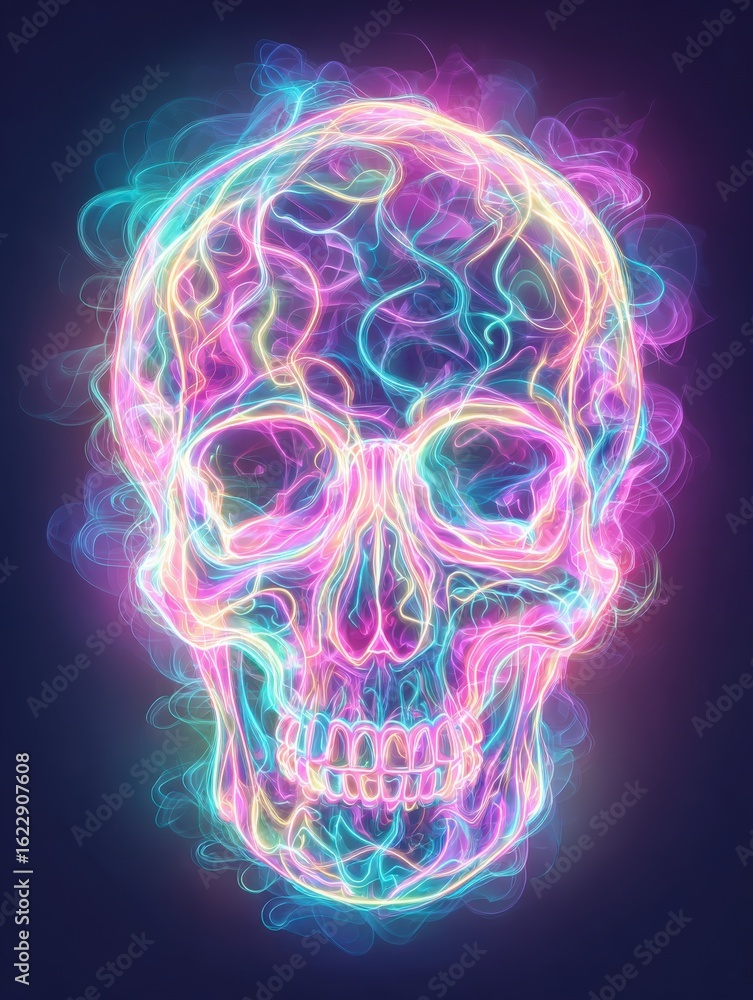 A vividly colored skull illustration displays vibrant neon lights and swirling patterns. The design features a dynamic blend of blue, pink, and purple hues, creating an ethereal effect.