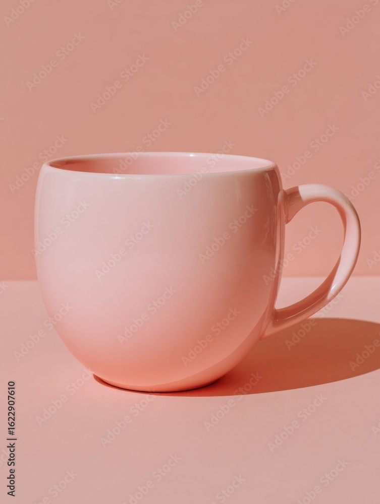 A simple pink cup is prominently displayed against a matching pink background, highlighting its smooth curves and minimalist design. The soft color palette creates a serene and calming atmosphere.