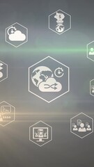 Wall Mural - animation of light spots and business icons on black background