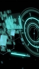 Wall Mural - animation of scopes and scientific data processing over black background