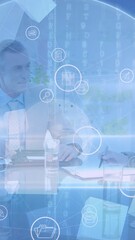Wall Mural - animation of network of digital icons over globe and diverse business people
