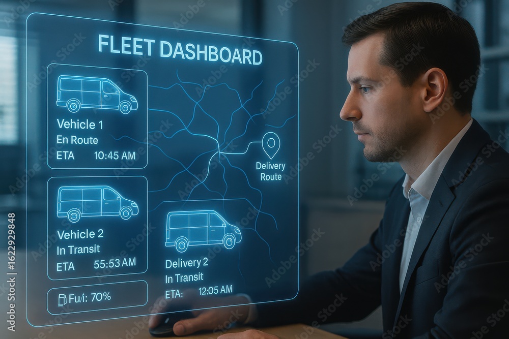 Man monitoring delivery vehicles using fleet dashboard with ETA ...