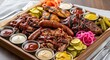 © TriRoro - A generous platter overflowing with various smoked meats, including pulled pork, ribs, and sausage, accompanied by pickles, onions, and an assortment of dipping sauces.