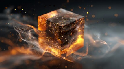 Wall Mural - abstract cube with fire and smoke, dark background, concept of energy, power, magic, motion, geometr