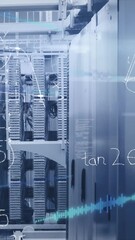 Wall Mural - animation of mathematical equations and data processing against empty computer server room