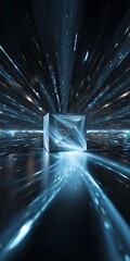 Wall Mural - abstract futuristic tunnel with glowing light effect and geometric cube in dark space for modern tec