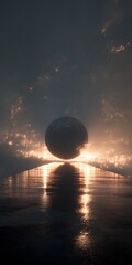 Wall Mural - dramatic abstract landscape featuring a glowing sphere hovering above a reflective surface, evoking 