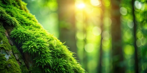 Lush Green Moss Blanketing a Forest Tree Trunk Bathed in Sunlight, a Peaceful and Serene Natural Scene