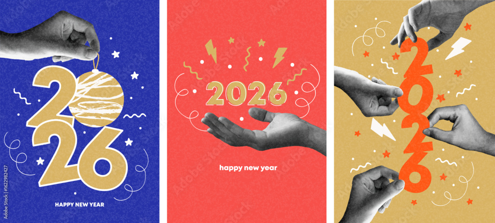 Merry christmas and Happy new year collage design. With hands holding ...