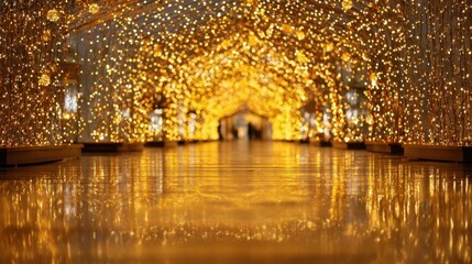 Canvas Print - glowing pathway illuminated with warm golden fairy lights for festivity