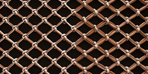 A closeup view of a brown woven rope net with a diamond pattern