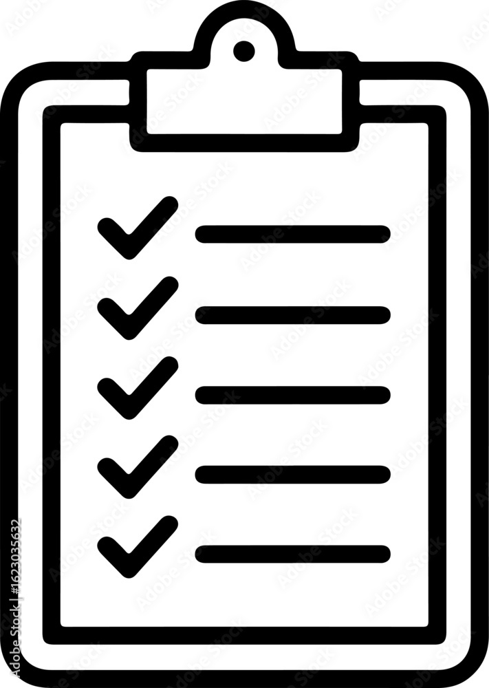 Simple black and white icon of a clipboard with a checklist and several ...
